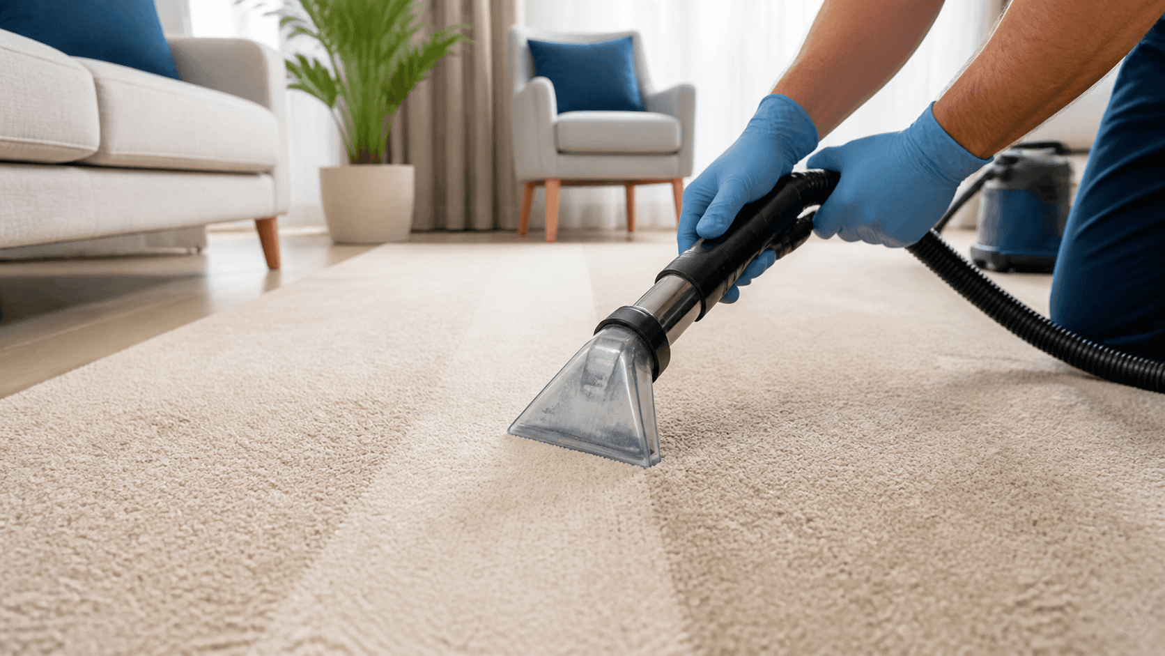A carpet being cleaned with an extraction wand